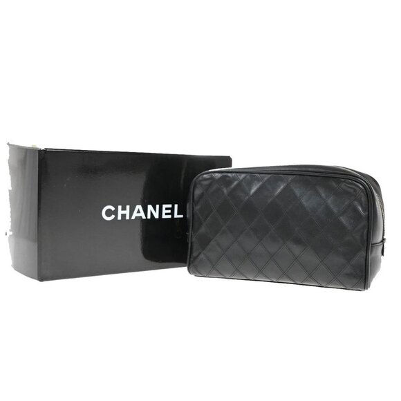 CHANEL CC Logo Bicolore Vanity Bag Pouch Leather Black GHW Italy - Picture 1 of 14